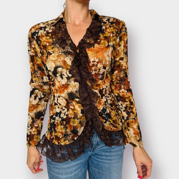 Y2K Fashion Bug‎ Orange and Brown Lace Front Blouse - Picture 2 of 6